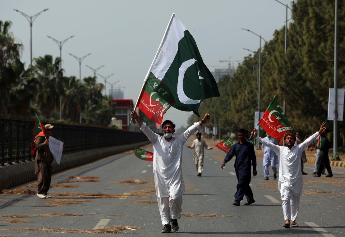 Supporters of Prime Minister Imran Khan chant slogans during a protest in Islamabad, Pakistan, Sunday, April 3, 2022. 