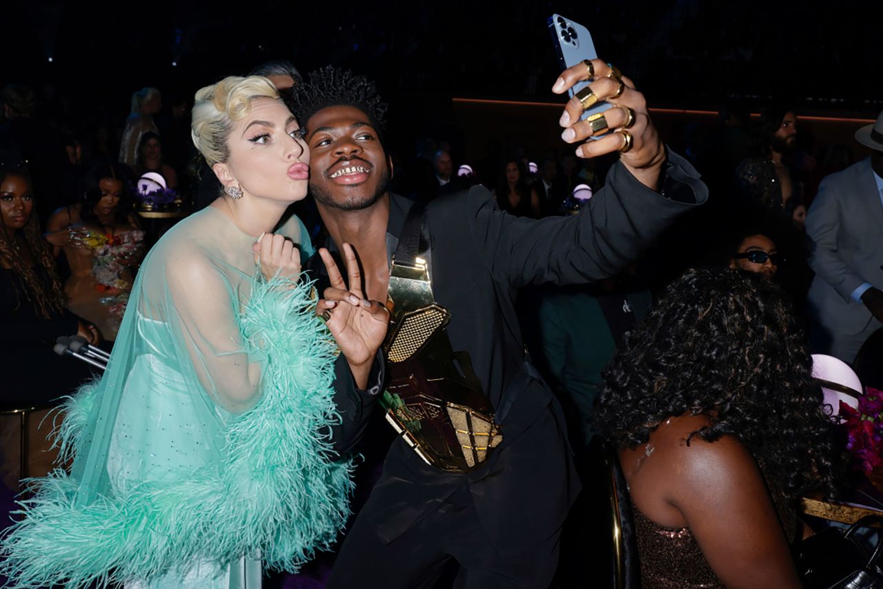 Lil Nas X takes a selfie with Lady Gaga at the <a href="http://www.cnn.com/2022/04/03/entertainment/gallery/2022-grammy-awards-photos/index.html" target="_blank">Grammy Awards</a> on Sunday, April 3.