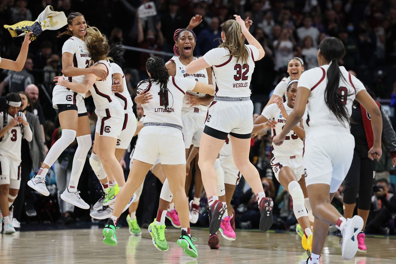 The Gamecocks celebrate after the final buzzer.