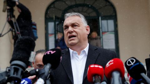 Hungarian Prime Minister Viktor Orban gives a statement to the media after leaving a polling station on April 3. 