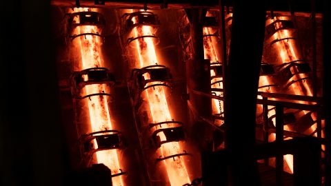 Steel is cast at the Evraz Rocky Mountain Steel plant in Pueblo, Colorado, on March 29, 2022.