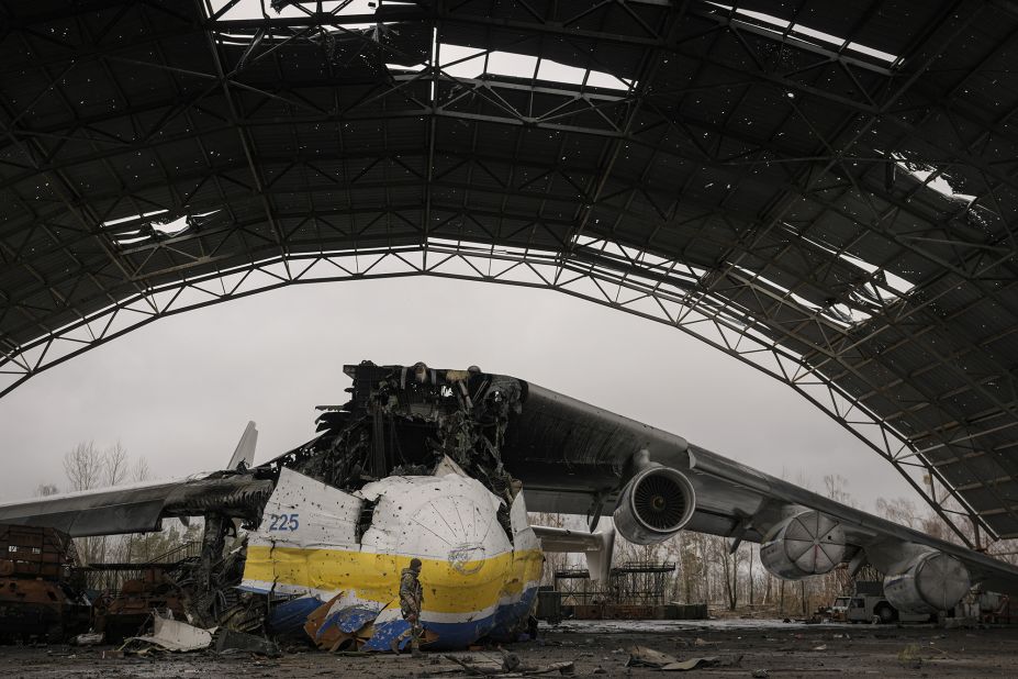 <strong>Broken dreams:</strong> The wreckage of the AN-225, known in Ukranian as Mriya, or Dream, has been revealed after Russian troops deserted an airfield outside Kyiv.
