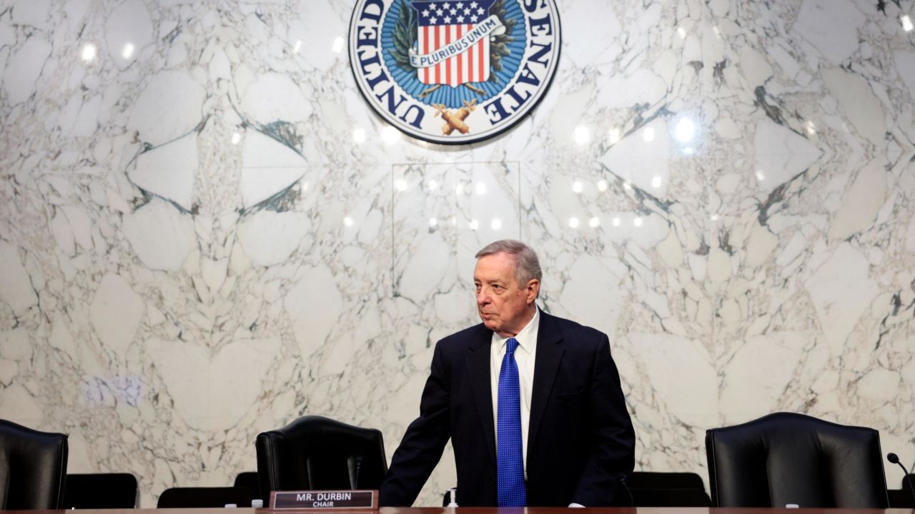 Committee chairman Sen. Dick Durbin (D-IL) arrives for a Senate Judiciary Committee business meeting on Capitol Hill on April 4, 2022 in Washington, DC. 