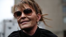 Former Alaska Governor Sarah Palin arrives at a federal court in Manhattan to resume a case against the New York Times after it was postponed because she tested positive for Covid-19 on February 03, 2022 in New York City. Palin, a one-time vice presidential candidate, has filed a libel lawsuit against The New York Times on claims that an editorial in the Times damaged a career as a conservative political commentator. The editorial was later partly retracted. 