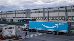 A truck arrives to the Amazon warehouse facility on Staten Island, N.Y., Friday, April 1, 2022.