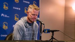 Golden State Warriors coach Steve Kerr speaking Sunday, April 3, 2022, to local media about gun legislation, following the shooting that left six people dead and 12 injured early Saturday in Sacramento, Calif.