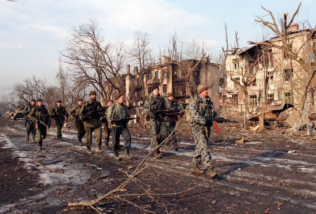 Russian soldiers are seen in Grozny, Chechnya on February 5, 2000.