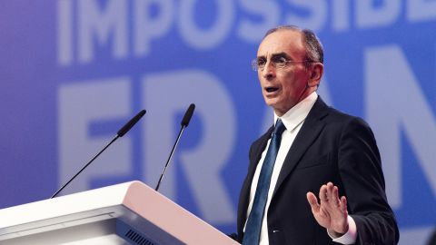 Far-right candidate Eric Zemmour gives a speech to activists at a campaign rally in Lille, northern France, on February 5.