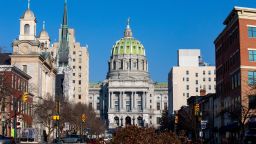 HARRISBURG, PENNSYLVANIA, UNITED STATES - 2021/01/12: The Pennsylvania State Capitol is seen from State Street.
An FBI bulletin warned that armed protests were being planned in all the 50 state capitols in the days leading up to President-elect Joe Biden's inauguration. (Photo by Paul Weaver/SOPA Images/LightRocket via Getty Images)