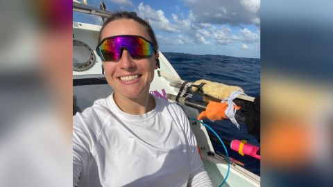 Victoria Evans rowing across the Atlantic Ocean. She became the fastest woman to make the crossing solo.