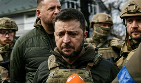 Ukrainian President Volodymyr Zelensky speaks to the media about the alleged atrocities in Bucha on April 4. 