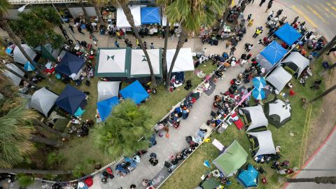 Aerial view of an improvised camp of Ukrainians seeking for asylum in the United States, on the Mexican side of the San Ysidro Crossing port in Tijuana, Mexico, on April 2, 2022.