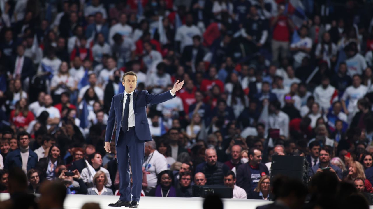 French President Emmanuel Macron addresses his election campaign at the Paris La Defense Arena stadium, in Nanterre, on the outskirts of Paris, on April 2.