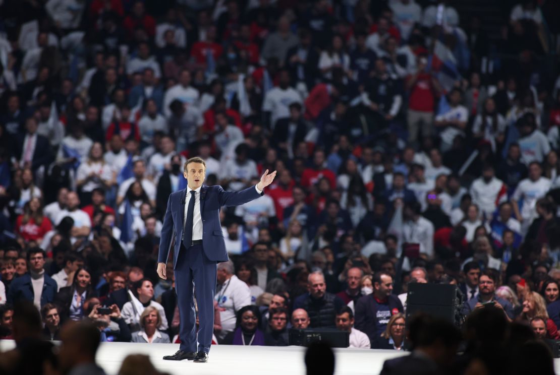 French President Emmanuel Macron addresses his election campaign at the Paris La Defense Arena stadium, in Nanterre, on the outskirts of Paris, on April 2.