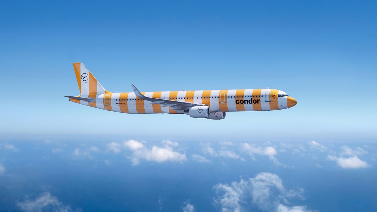 A rendering showing Condor's new candy-colored striped aircraft.