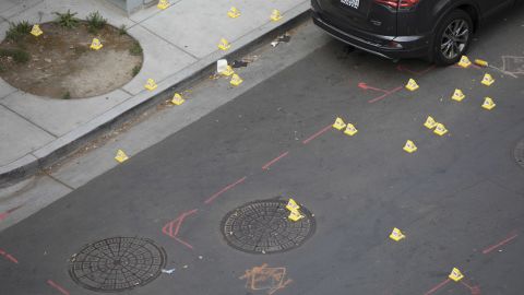Evidence markers are seen on April 3, 2022, at the scene of a mass shooting in Sacramento, California.