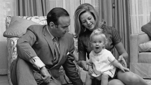Rupert Murdoch with his second wife Anna Maria Torv and their 14-month old daughter Elisabeth at their home in London in 1969. 