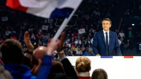 Emmanuel Macron, France's president, during an election campaign event in Paris, France, on Saturday, April 2, 2022. (Photo by Benjamin Girette/Bloomberg/Getty Images)