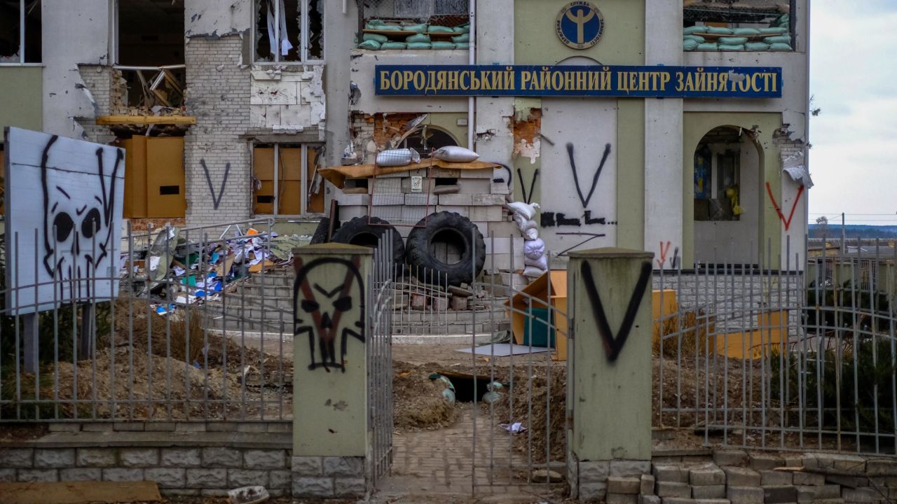 The Borodianka unemployment office, defaced with the Russian V symbol.