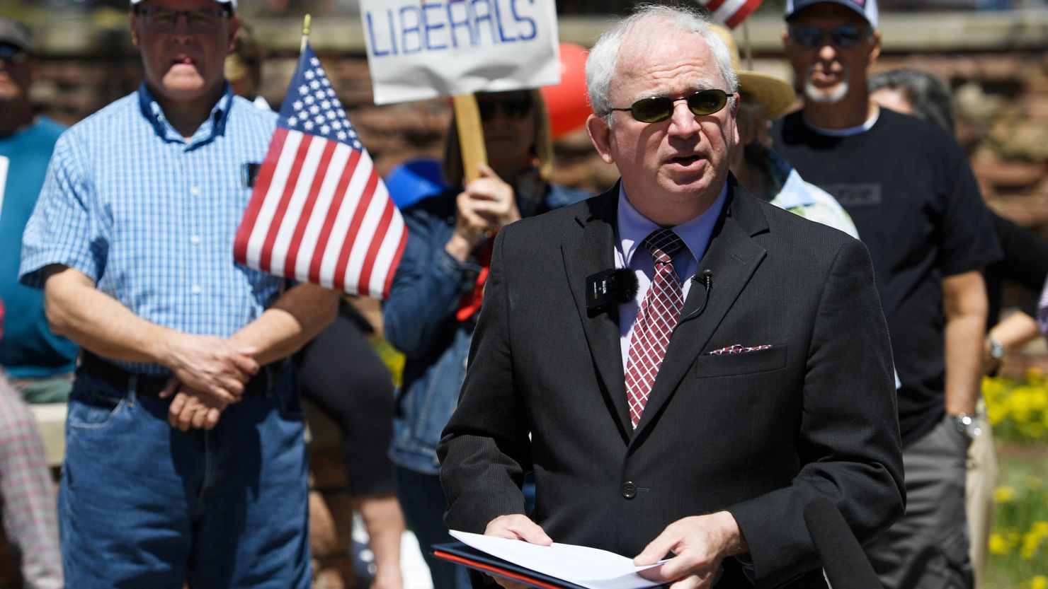 John Eastman speaks at a news conference outside of CU Boulder on  April 29, 2021. 