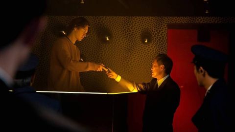 (From left) Ansel Elgort and Ken Watanabe are shown in a scene from "Tokyo Vice."