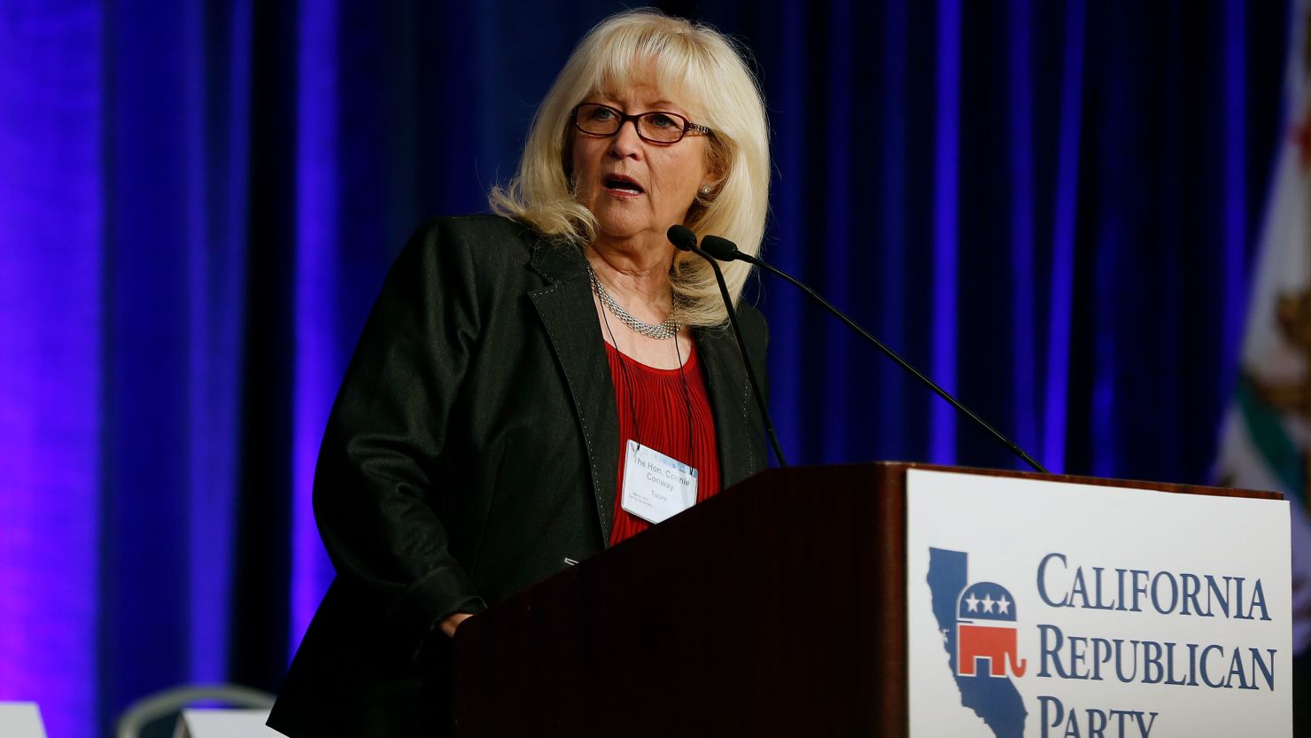 Connie Conway speaks onstage during the California Republican Party spring convention in Burlingame on March 16, 2014.