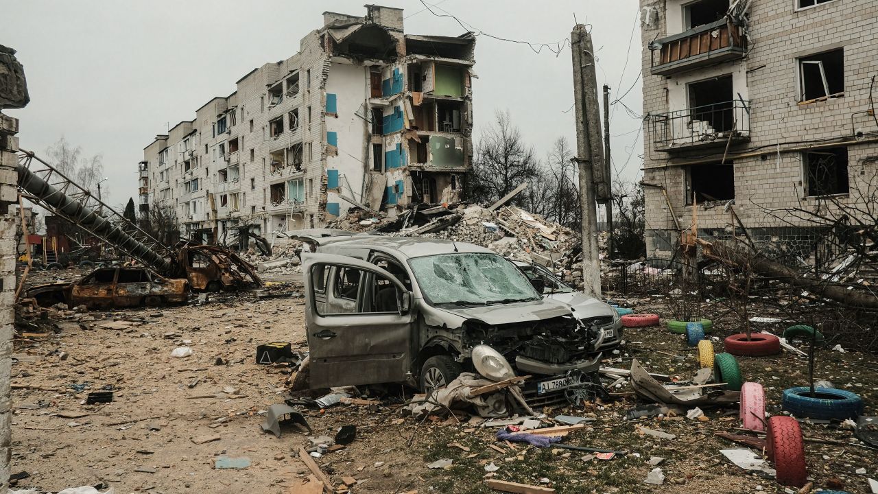 Destruction is seen in Borodianka on April 5. Borodianka was home to 13,000 people before the war, but most fled after Russia's invasion. <a target=