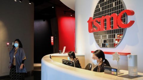 Employees work at the entrance of the Taiwan Semiconductor Manufacturing Co. (TSMC) Museum of Innovation in Hsinchu. Photographer: I-Hwa Cheng/Bloomberg via Getty Images