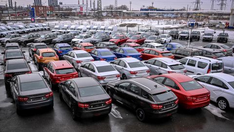 Lada cars seen at a dealership in Tolyatti, also known as Togliatti, Russia in April 2022. Lada was already Russia's most popular car brand before the war, and saw its market share grow last year.