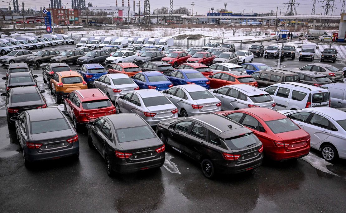 Lada cars seen at a dealership in Tolyatti, also known as Togliatti, Russia in April 2022. Lada was already Russia's most popular car brand before the war, and saw its market share grow last year.