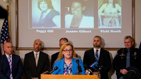 Kim Gilbert Wright, the daughter of Jeanne Gilbert, speaks after the Indiana State Police announced the identity of the suspect in the "Days Inn" cold case murders.