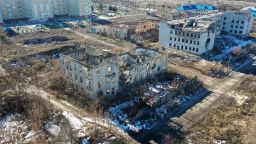 An aerial view of rubbles of a building damaged during the conflict as diplomatic efforts to resolve the Ukraine-Russia crisis continue on February 15, 2022, in Sloviansk, Ukraine. 