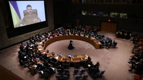 Ukrainian President Volodymyr Zelensky, speaking to the United Nations Security Council on April 5