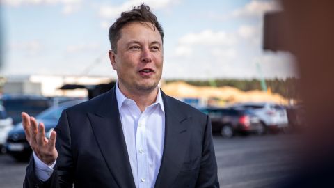 Tesla head Elon Musk arrives to have a look at the construction site of the new Tesla Gigafactory on September 3, 2020 near Gruenheide, Germany. 