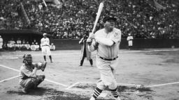 American baseball player Babe Ruth hits his first home run during his tour of Japan at Miji Shrine Stadium, Tokyo, Japan, 1934. 