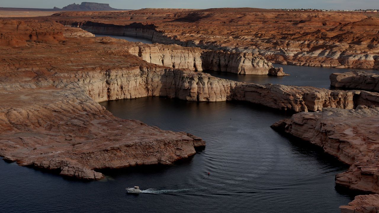 A view Lake Powell on March 27, 2022 in Page, Arizona. Water levels continue to drop as severe drought worsens across the western United States.