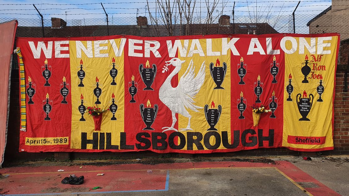 A replica of the Hillsborough Memorial Banner, created in 2009 by Peter Carney and Christine Waygood. The original was made in the week following the Hillsborough disaster, a fatal human crush that occurred at a football game in 1989 in Sheffield, UK, causing 97 deaths and hundreds of injuries.