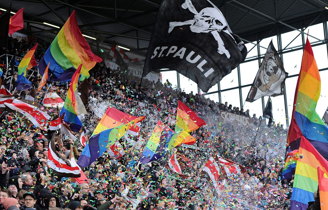 The unofficial emblem of German team St. Pauli, a district of Hamburg, is made of a skull and crossbones and was adopted by the club's traditionally leftwing fanbase.
