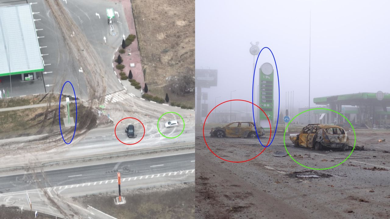 Drone footage from March 7 (L) shows the car Maksim Iovenko had been inside prior to being shot. An image from nearly a month later (R) shows that car and charred corpses had not moved.