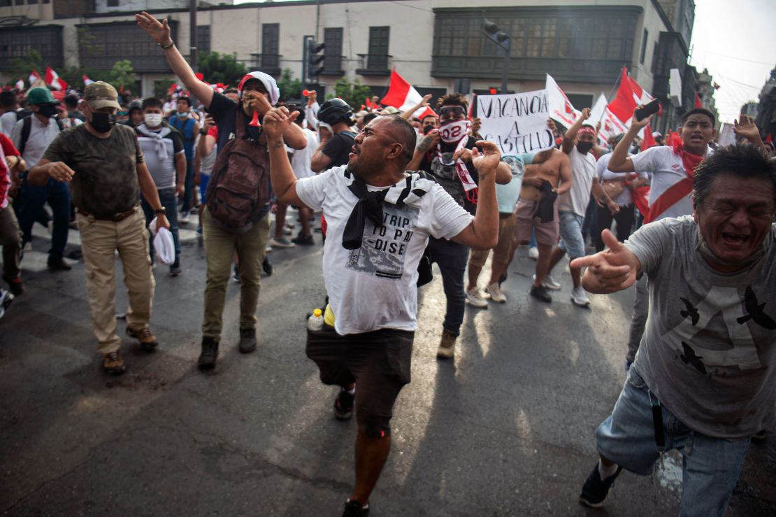 Demonstrators protest Peruvian President Pedro Castillo's government in Lima on Tuesday.