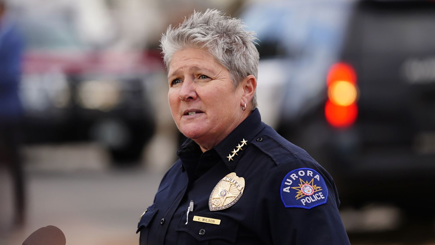 Aurora Department Chief Vanessa Wilson speaks to reporters near the scene of a drive-by shooting that left six teenagers injured in November 2021.