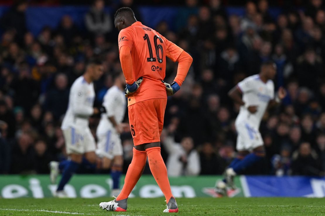 Edouard Mendy reacts having conceded the third goal.