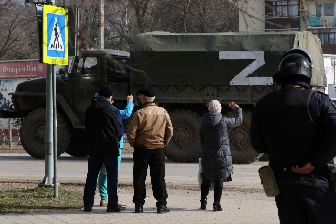 A Russian military truck with the letter 'Z', a symbol of its invasion of Ukraine, in the town of Armyansk, Crimea, on February 24.