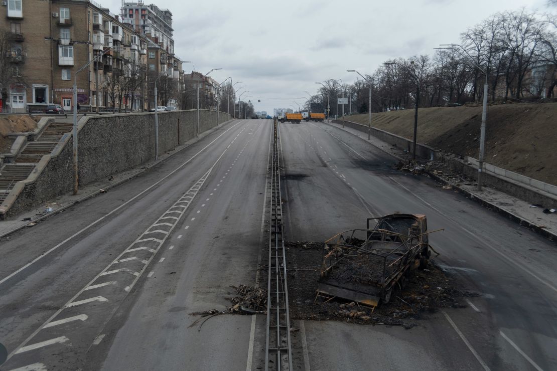 The aftermath of an explosion that destroyed a Russian truck in the streets of Kyiv, Ukraine, on March 4. 