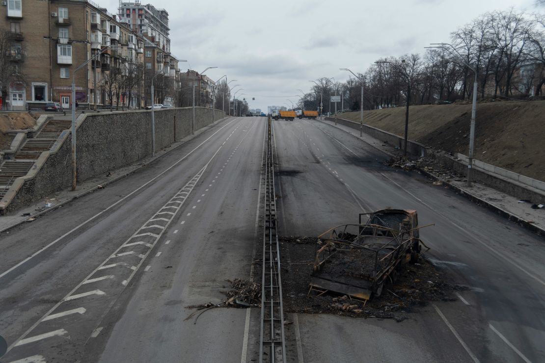 The aftermath of an explosion that destroyed a Russian truck in the streets of Kyiv, Ukraine, on March 4.