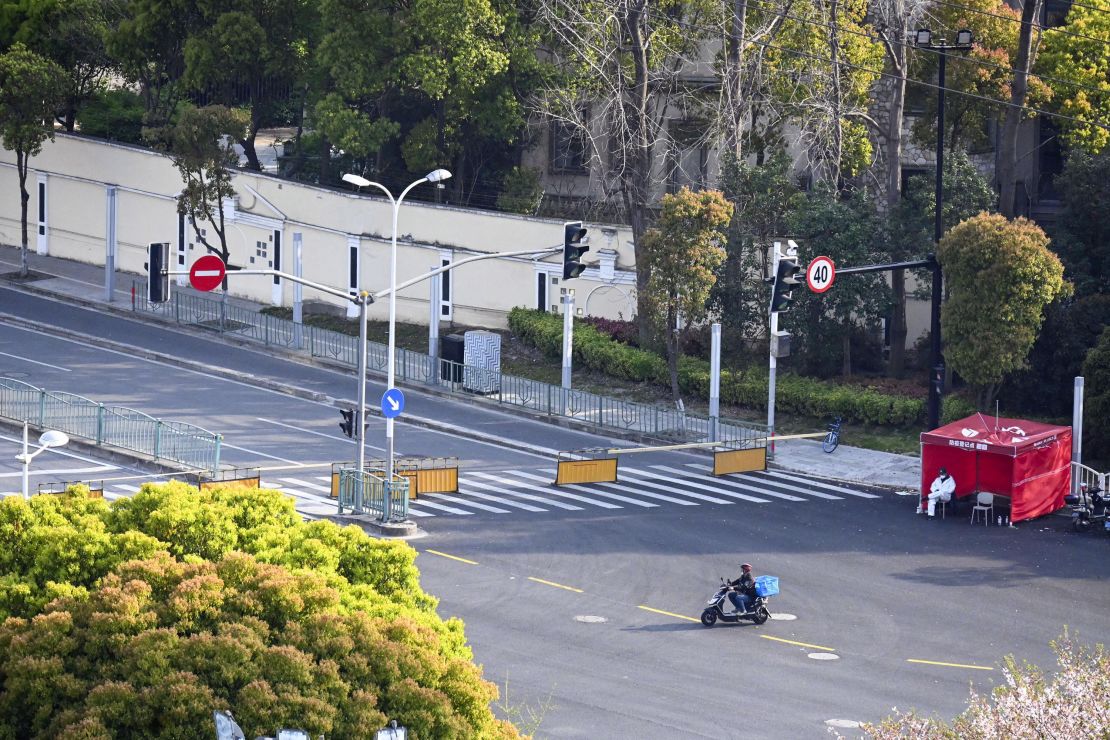 A lockdown continues in Shanghai on April 6, 2022, to curb coronavirus infections. (Photo by Kyodo News via Getty Images)