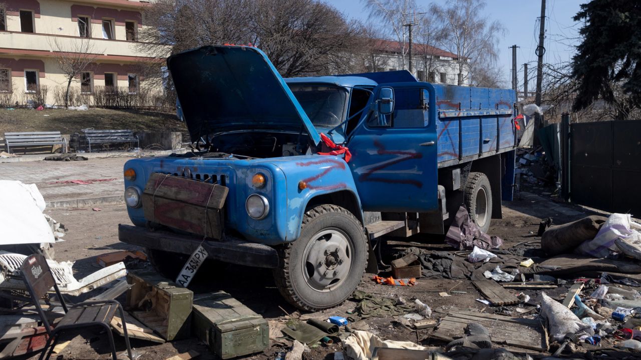 A truck that was being used by the Russian military lies destroyed in Trostyanets, Ukraine, on March 29.