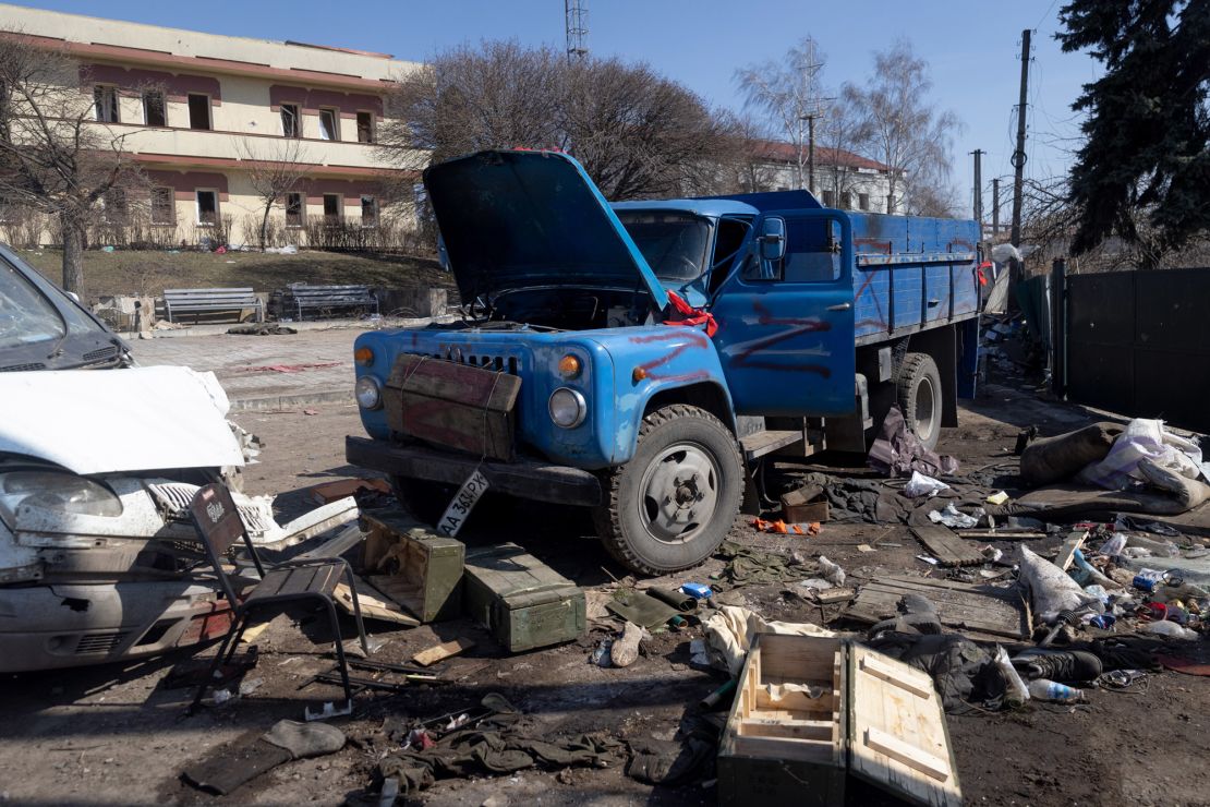 A truck that was being used by the Russian military lies destroyed in Trostyanets, Ukraine, on March 29.