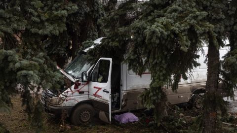 An ambulance truck marked with a "Z" is seen destroyed at the central train station that was used as a Russian base in Trostyanets, Ukraine, on March 30.
