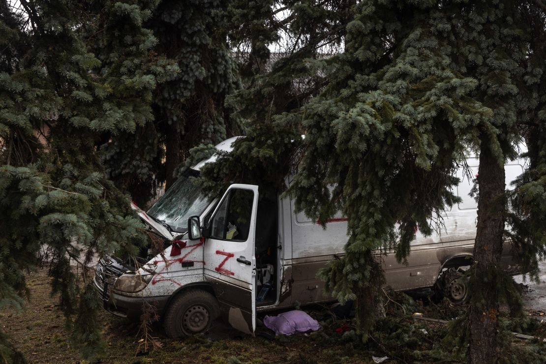 An ambulance truck marked with a "Z" is seen destroyed at the central train station that was used as a Russian base in Trostyanets, Ukraine, on March 30.